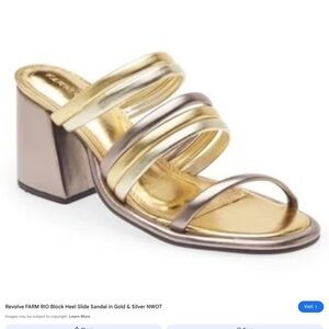 FARM RIO Sandal Womens 10 Metallic Gold Pewter Strappy Block Heel Slip On Shoes